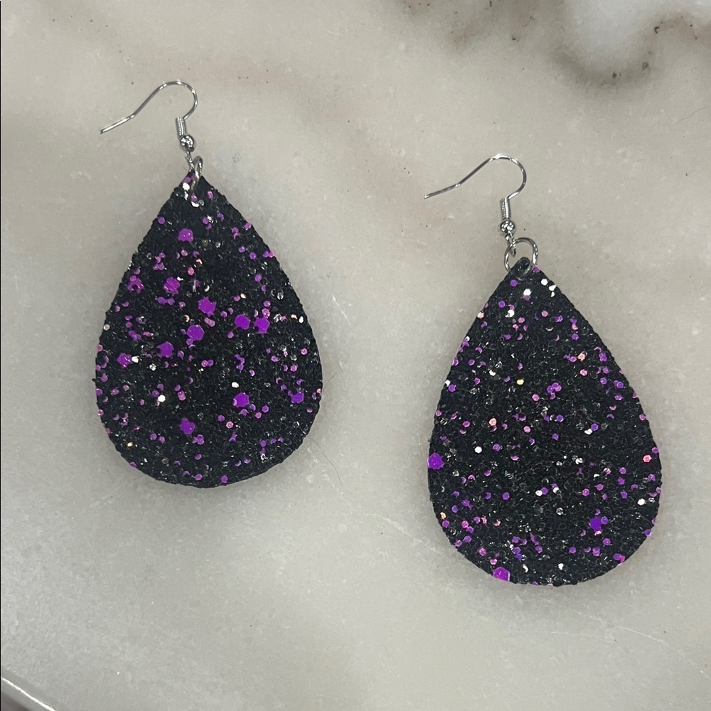 Glittery Teardrop Earrings in Black and Purple